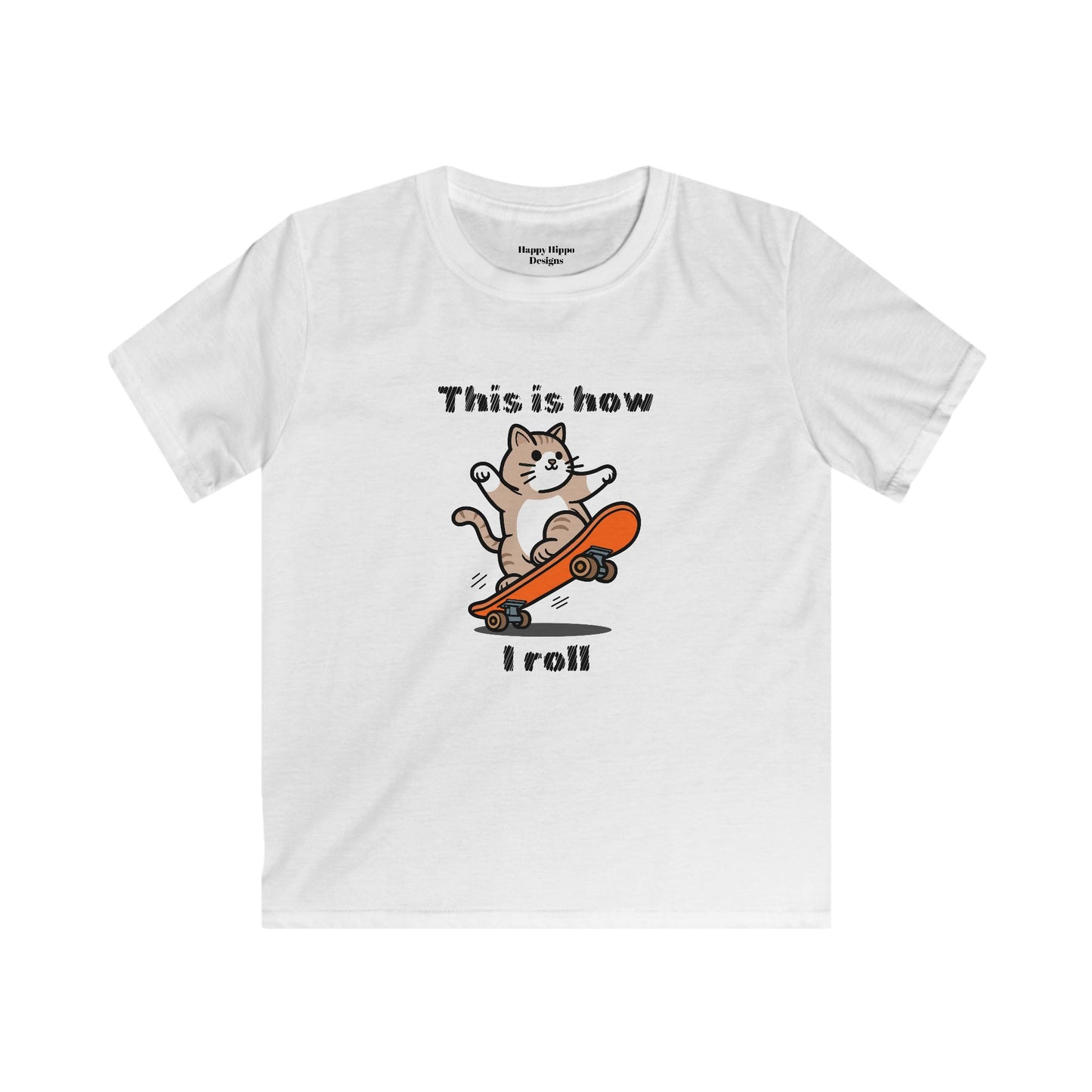 Kids Skateboarding Tee - Cool Cat 'This is How I Roll' Design