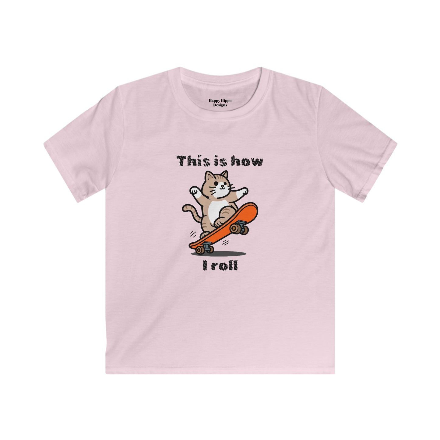 Kids Skateboarding Tee - Cool Cat 'This is How I Roll' Design