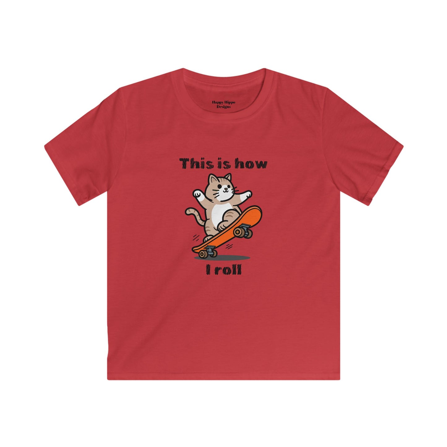 Kids Skateboarding Tee - Cool Cat 'This is How I Roll' Design