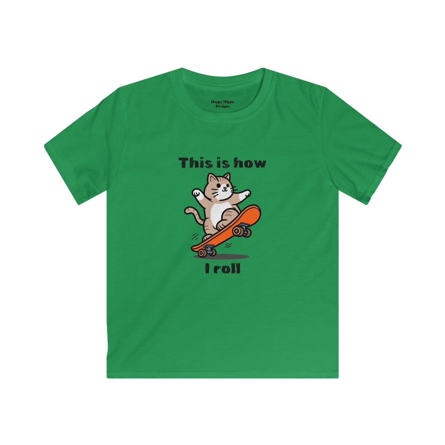 Kids Skateboarding Tee - Cool Cat 'This is How I Roll' Design