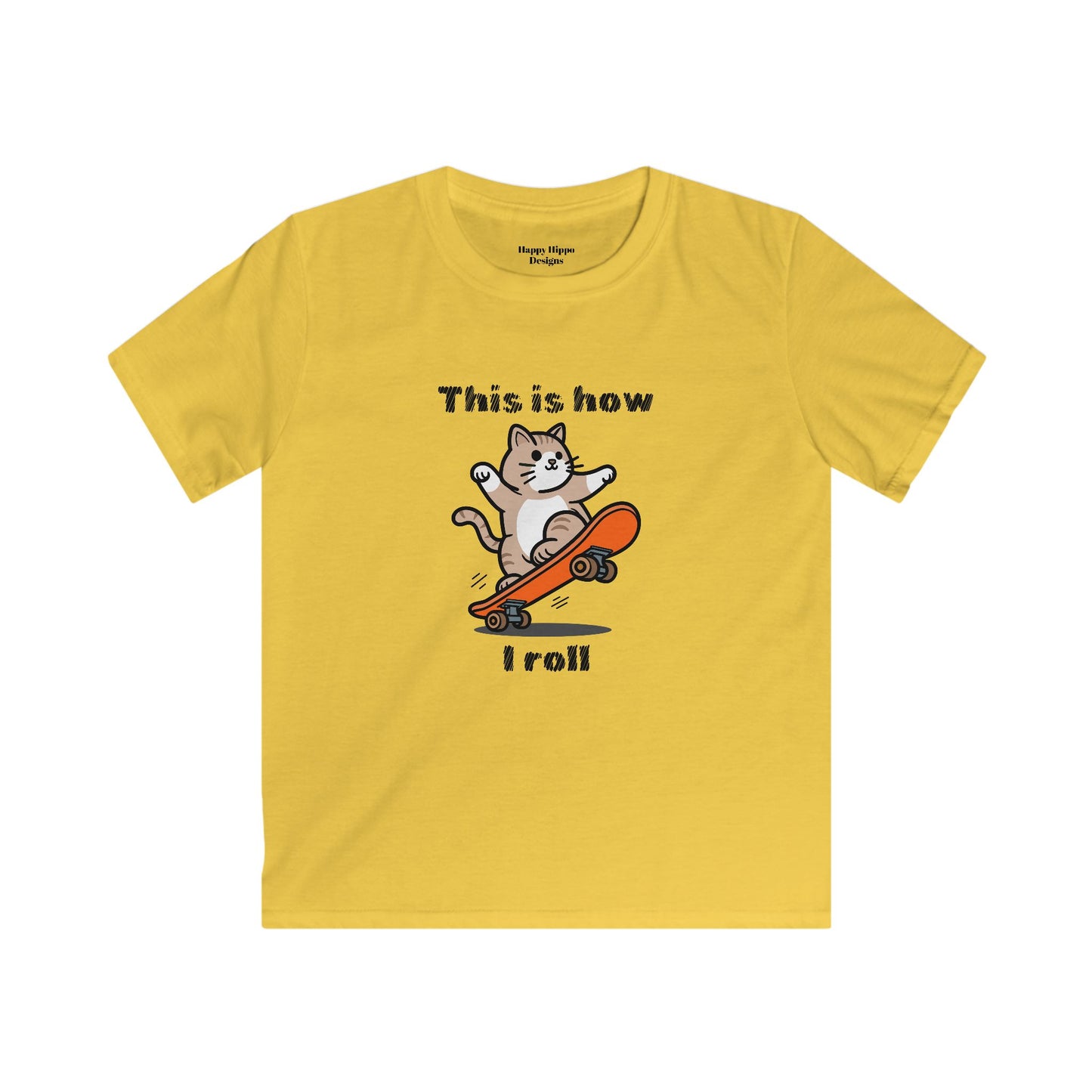 Kids Skateboarding Tee - Cool Cat 'This is How I Roll' Design