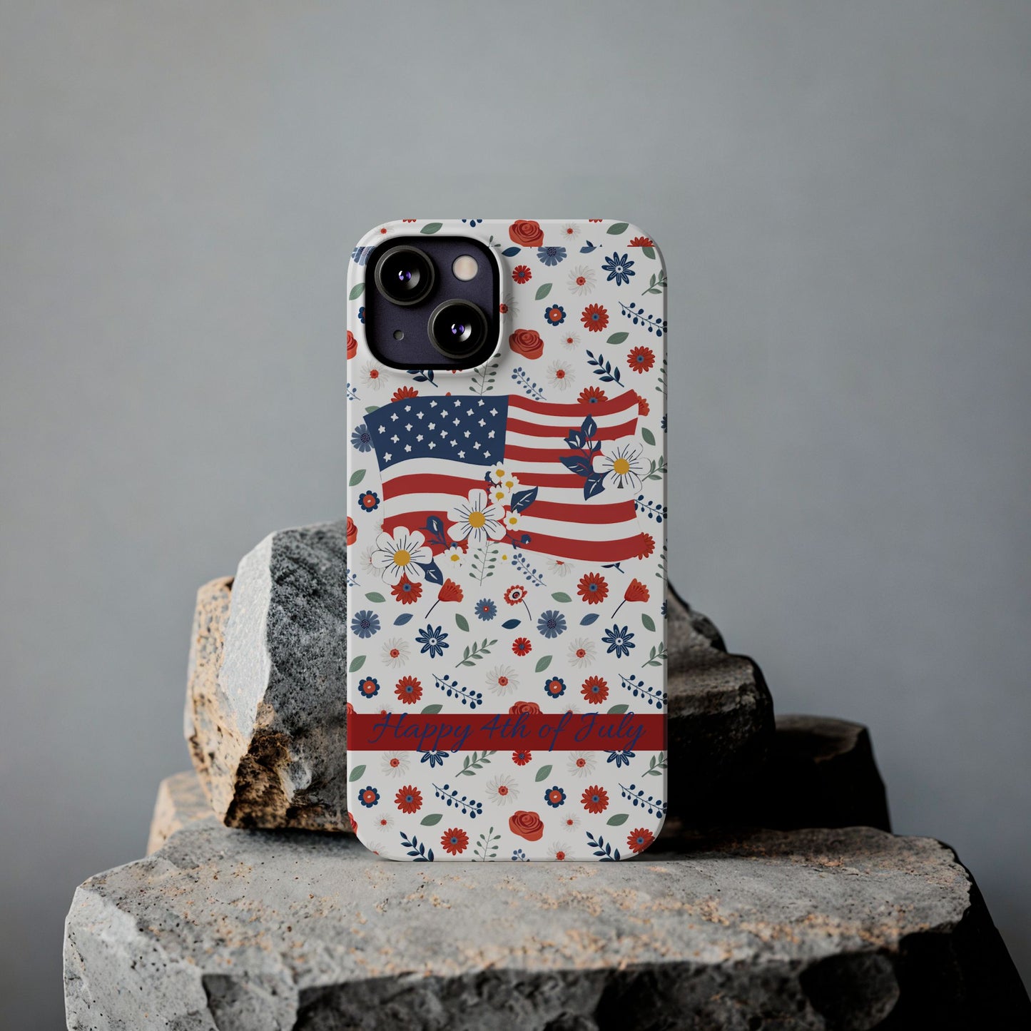 Patriotic Floral Phone Case, Slim Phone Case, USA Flag Case, Fourth of July Gift, Floral Design, Red White Blue Decor