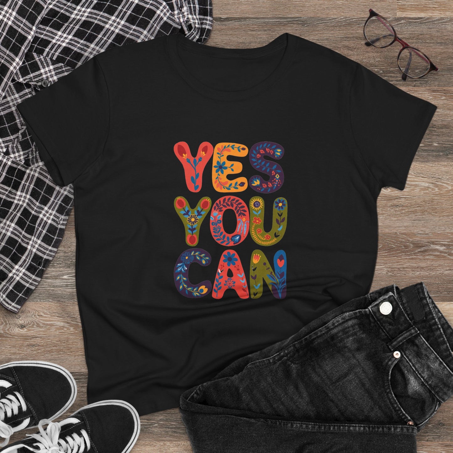 Inspirational Women's Midweight Cotton Tee - "YES YOU CAN"
