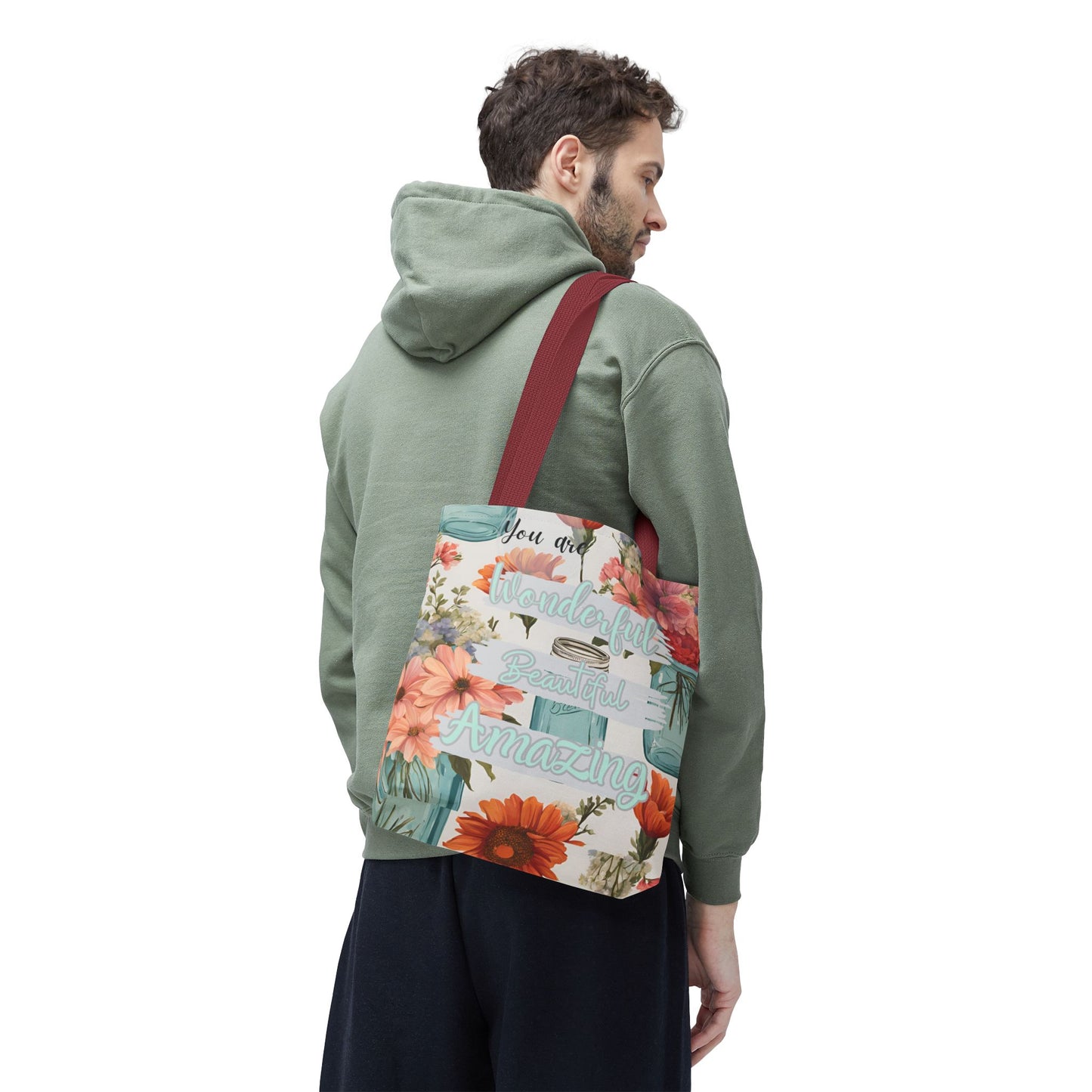 Floral Inspirational Tote Bag - You Are Wonderful, Beautiful, Amazing