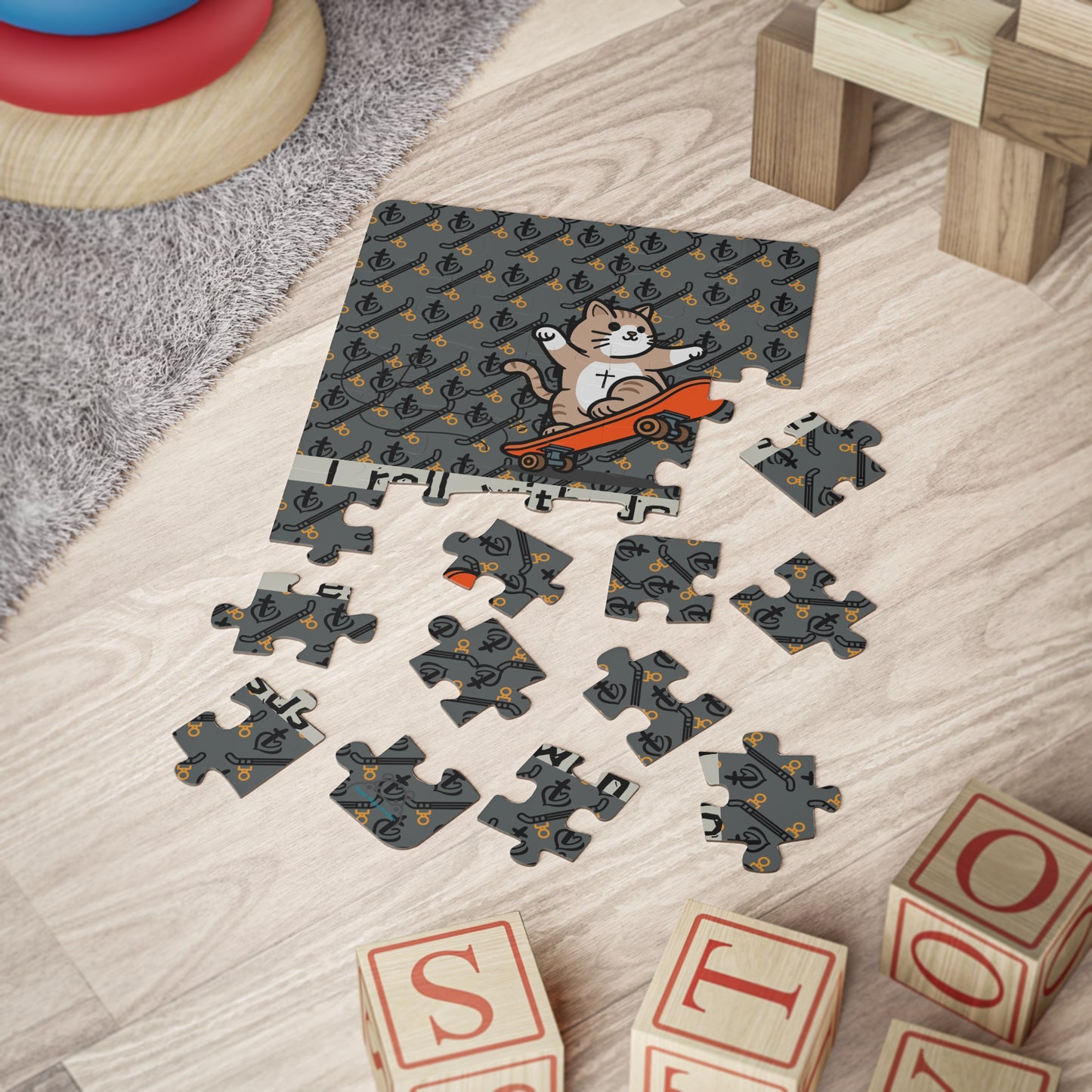 Kids Puzzle, Skateboarding Cat with Saying 'I Roll with Jesus', 30-Piece