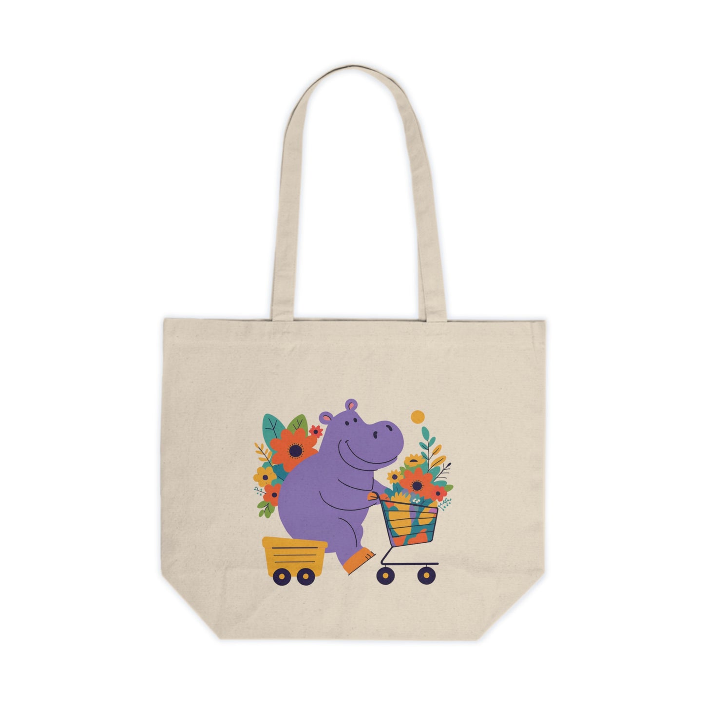 Whimsical Hippo Canvas Shopping Tote - Fun Floral Design for Everyday Use