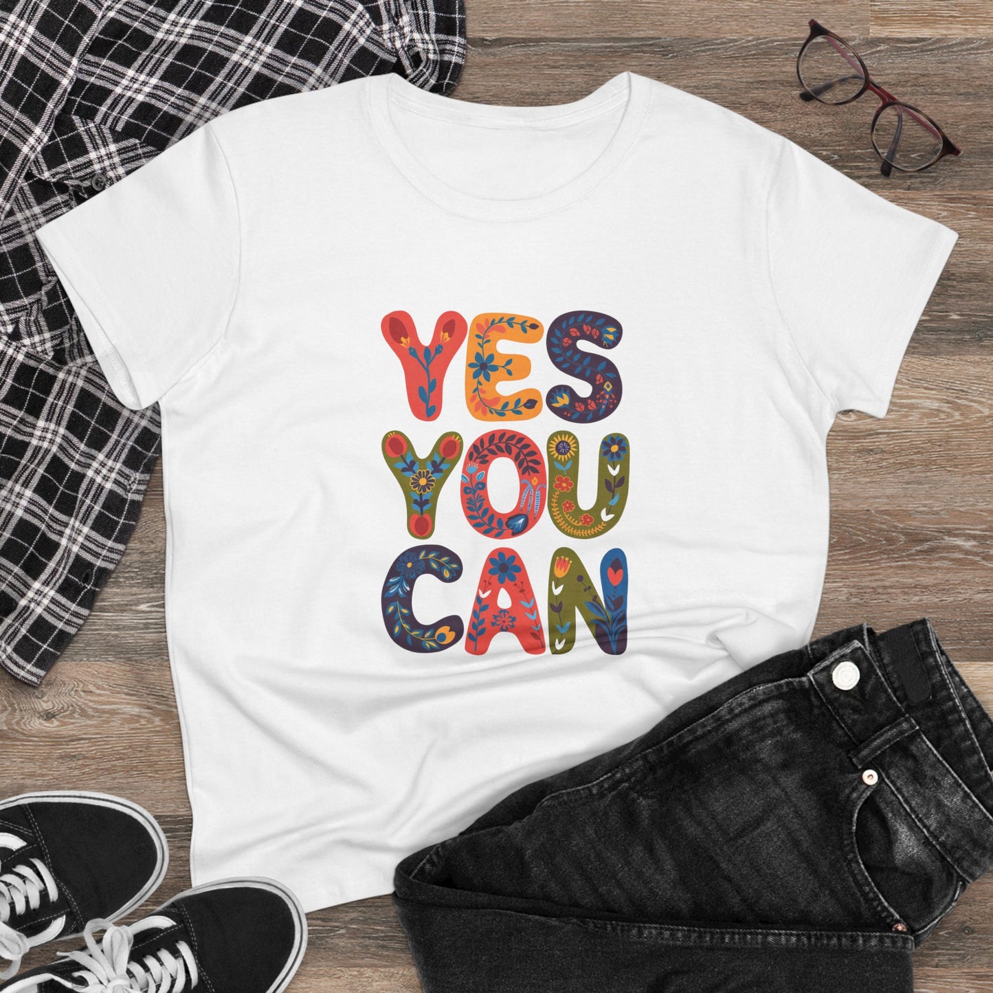 Inspirational Women's Midweight Cotton Tee - "YES YOU CAN"