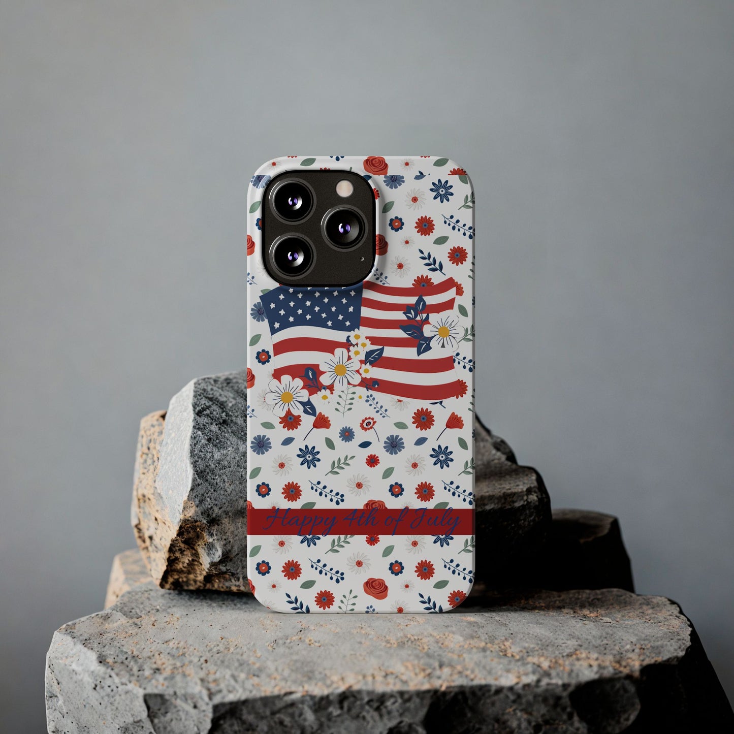 Patriotic Floral Phone Case, Slim Phone Case, USA Flag Case, Fourth of July Gift, Floral Design, Red White Blue Decor