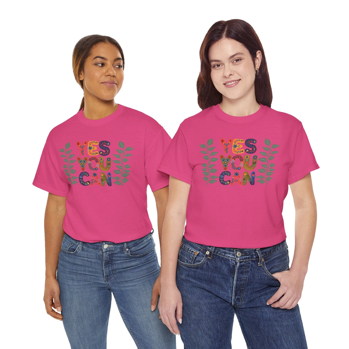 Motivational Unisex Heavy Cotton Tee - 'YES YOU CAN' Floral Design