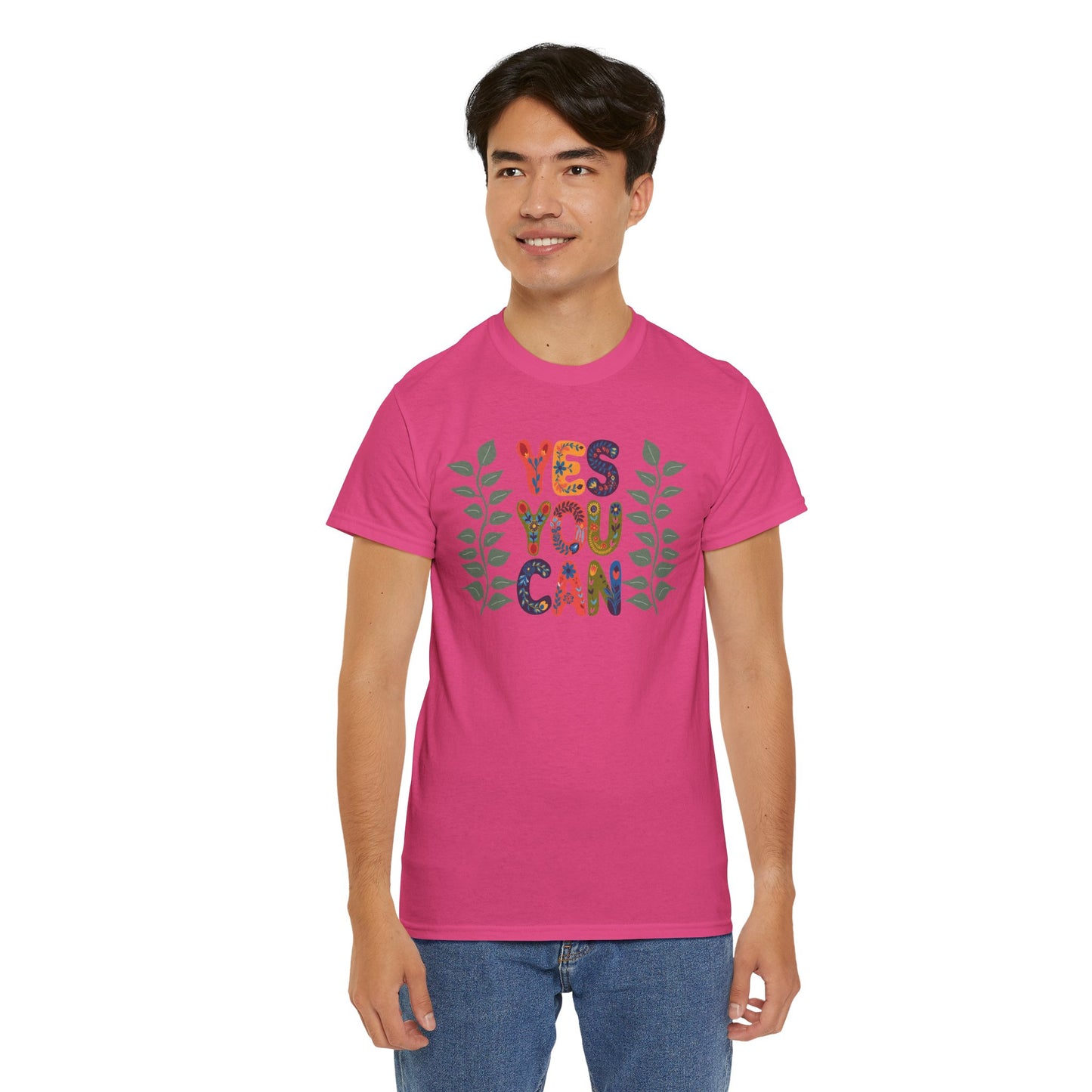 Motivational Unisex Heavy Cotton Tee - 'YES YOU CAN' Floral Design