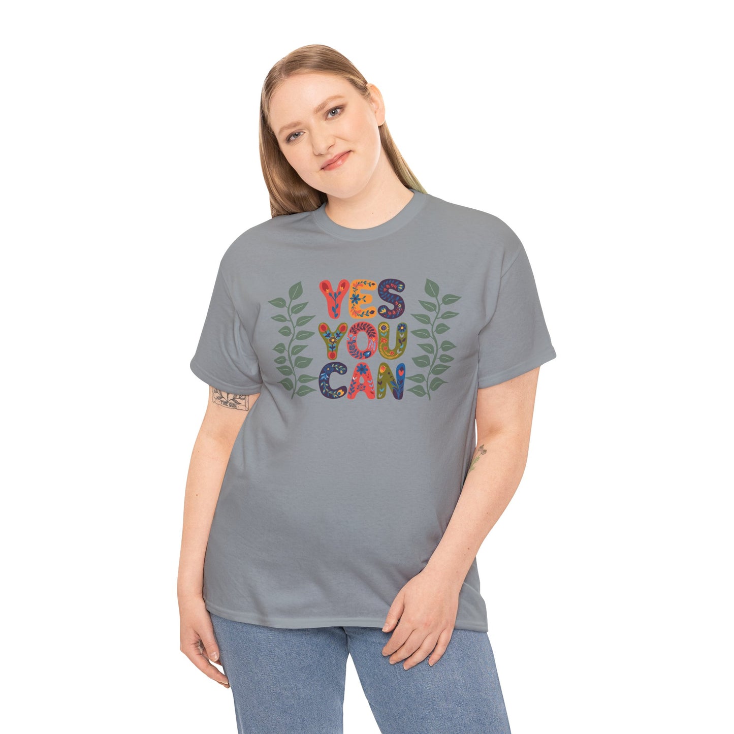 Motivational Unisex Heavy Cotton Tee - 'YES YOU CAN' Floral Design