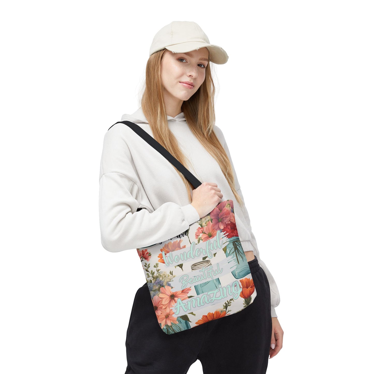 Floral Inspirational Tote Bag - You Are Wonderful, Beautiful, Amazing