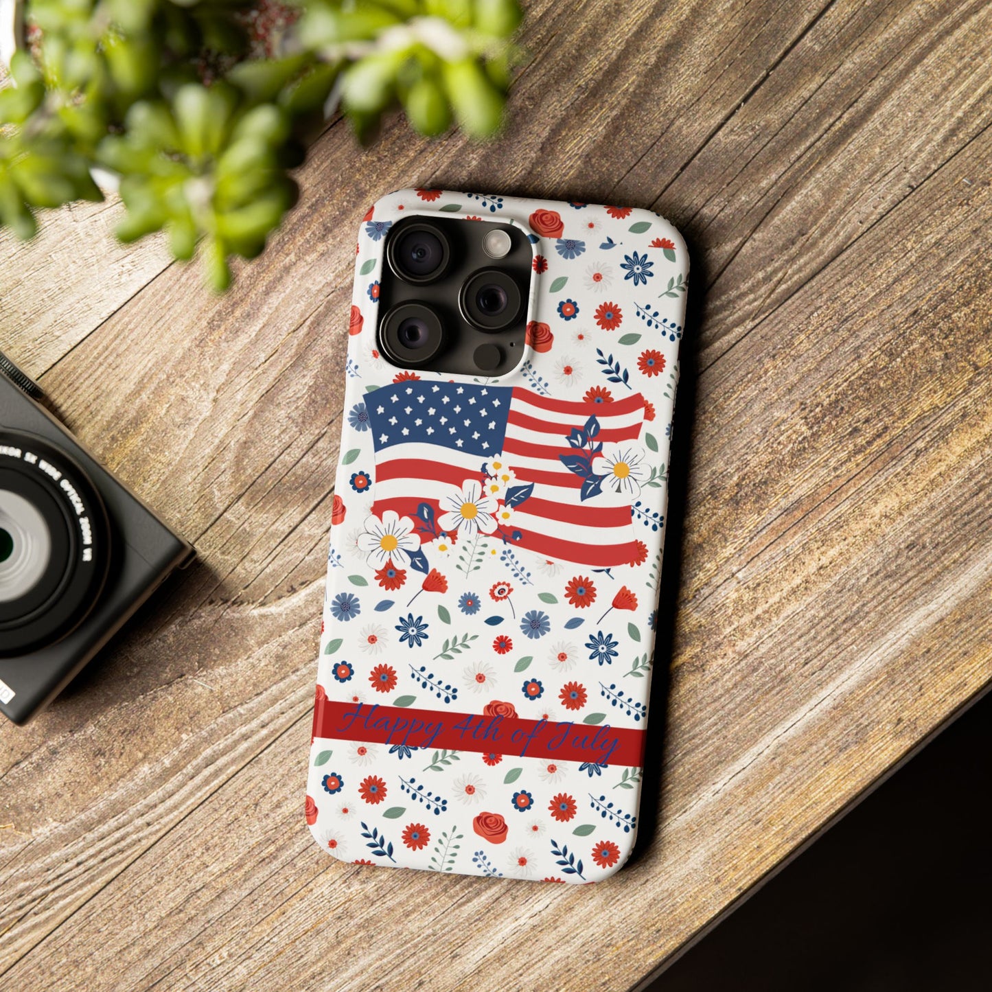 Patriotic Floral Phone Case, Slim Phone Case, USA Flag Case, Fourth of July Gift, Floral Design, Red White Blue Decor