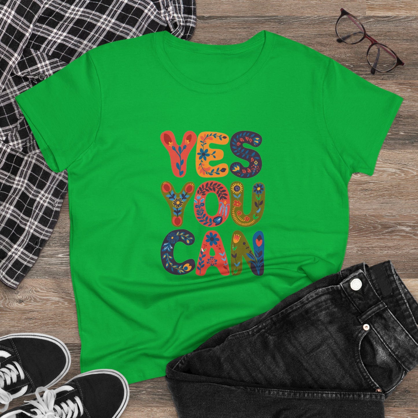 Inspirational Women's Midweight Cotton Tee - "YES YOU CAN"
