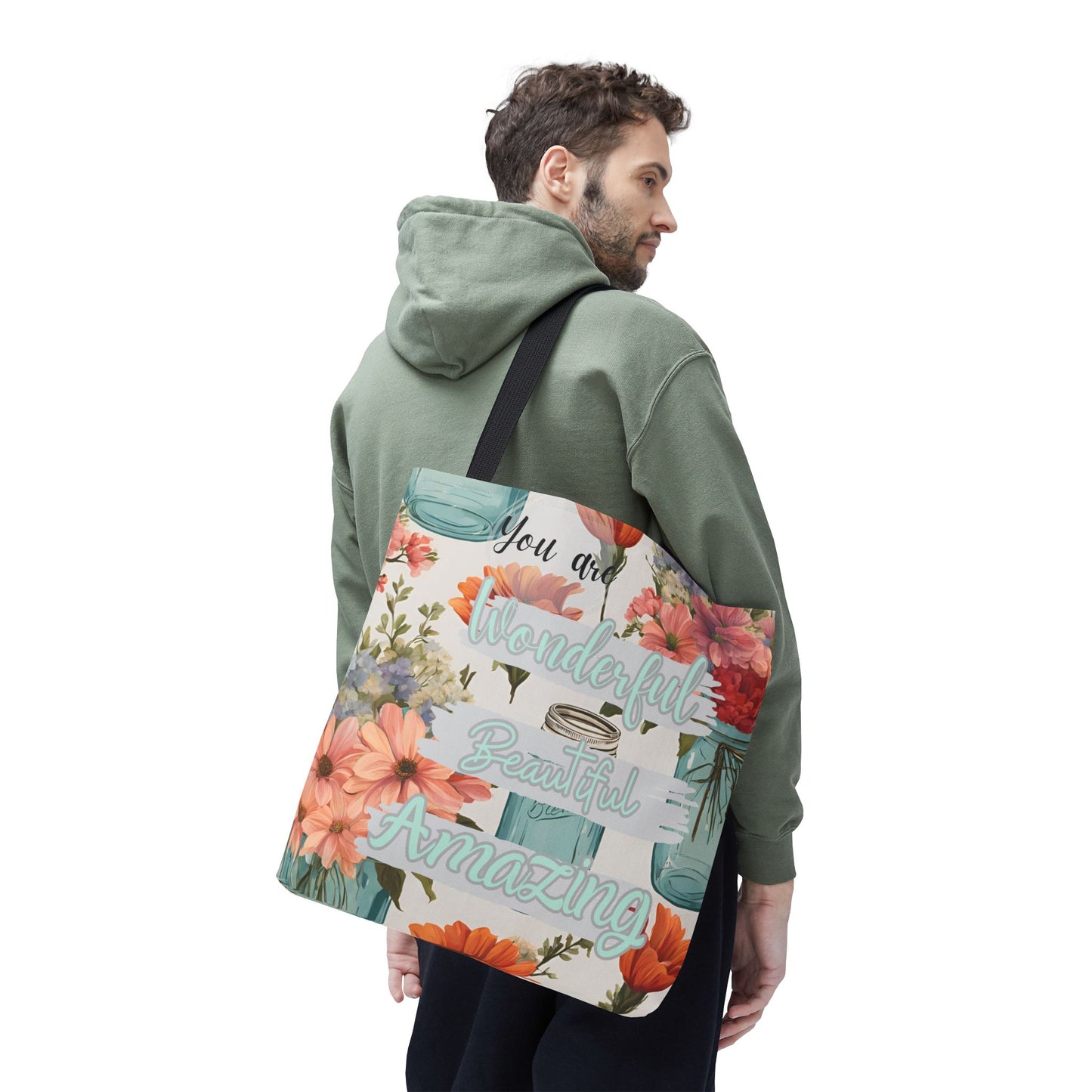 Floral Inspirational Tote Bag - You Are Wonderful, Beautiful, Amazing