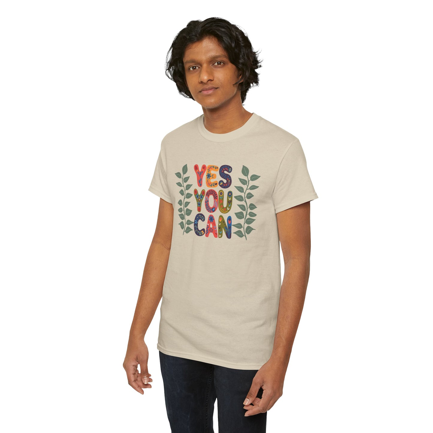 Motivational Unisex Heavy Cotton Tee - 'YES YOU CAN' Floral Design