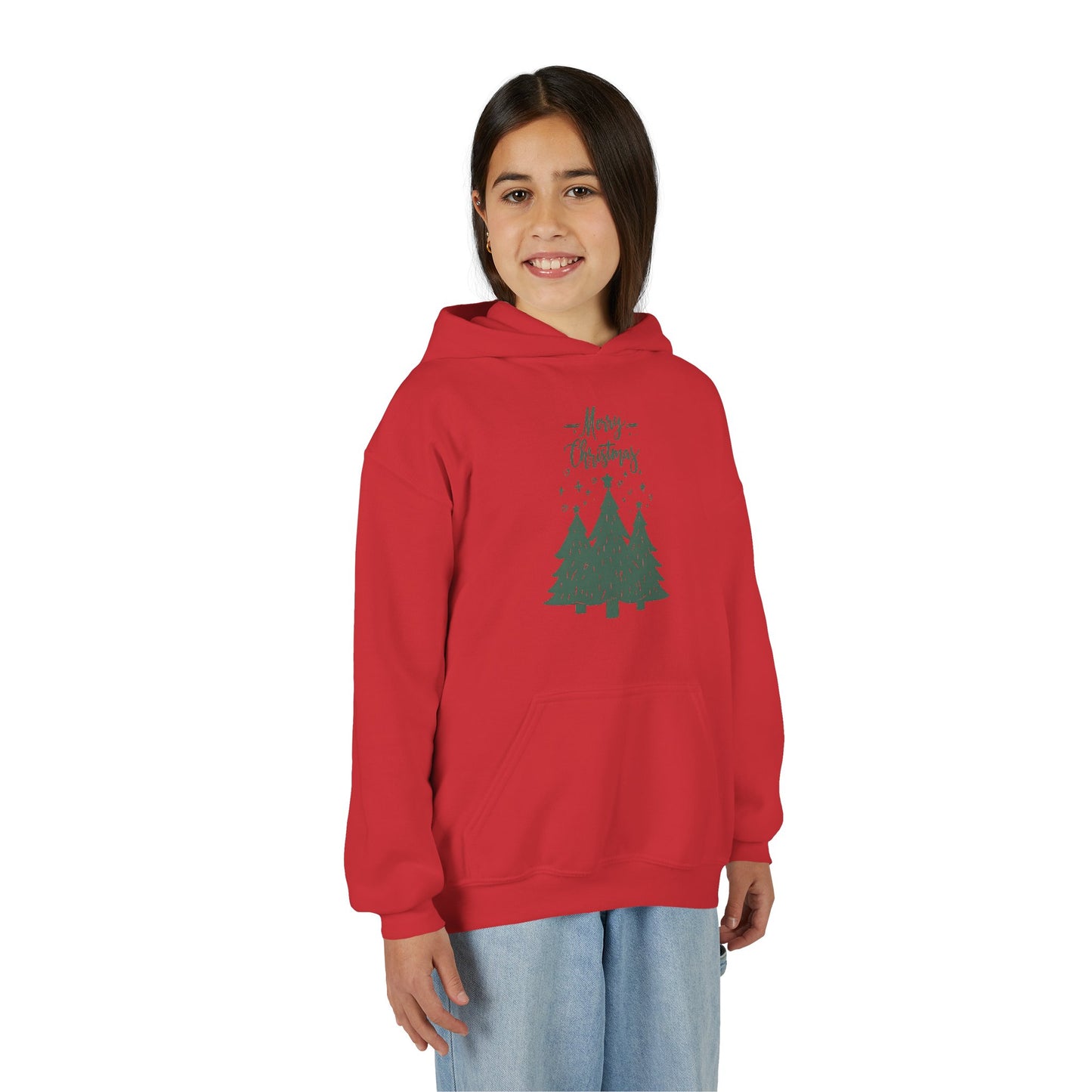 Youth Hoodie — Merry Christmas Green Tree Illustration Unisex