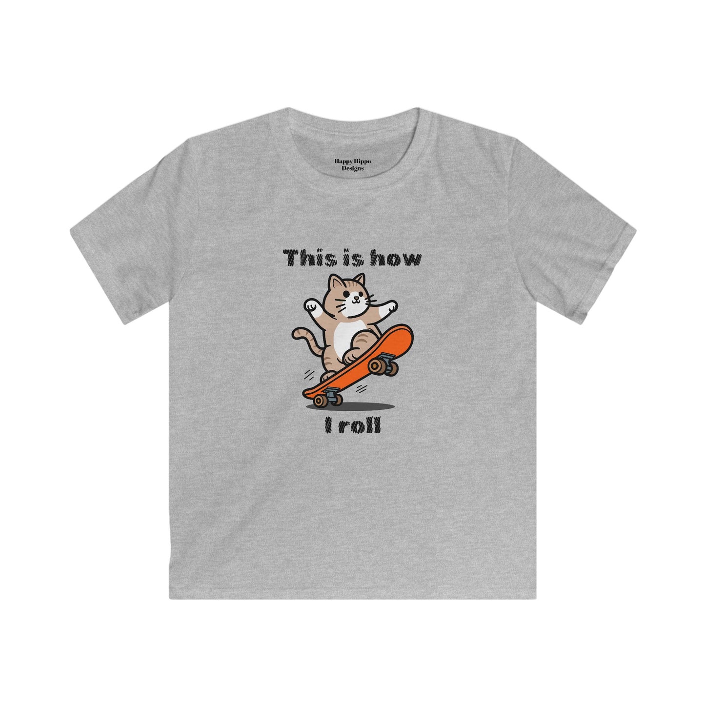 Kids Skateboarding Tee - Cool Cat 'This is How I Roll' Design