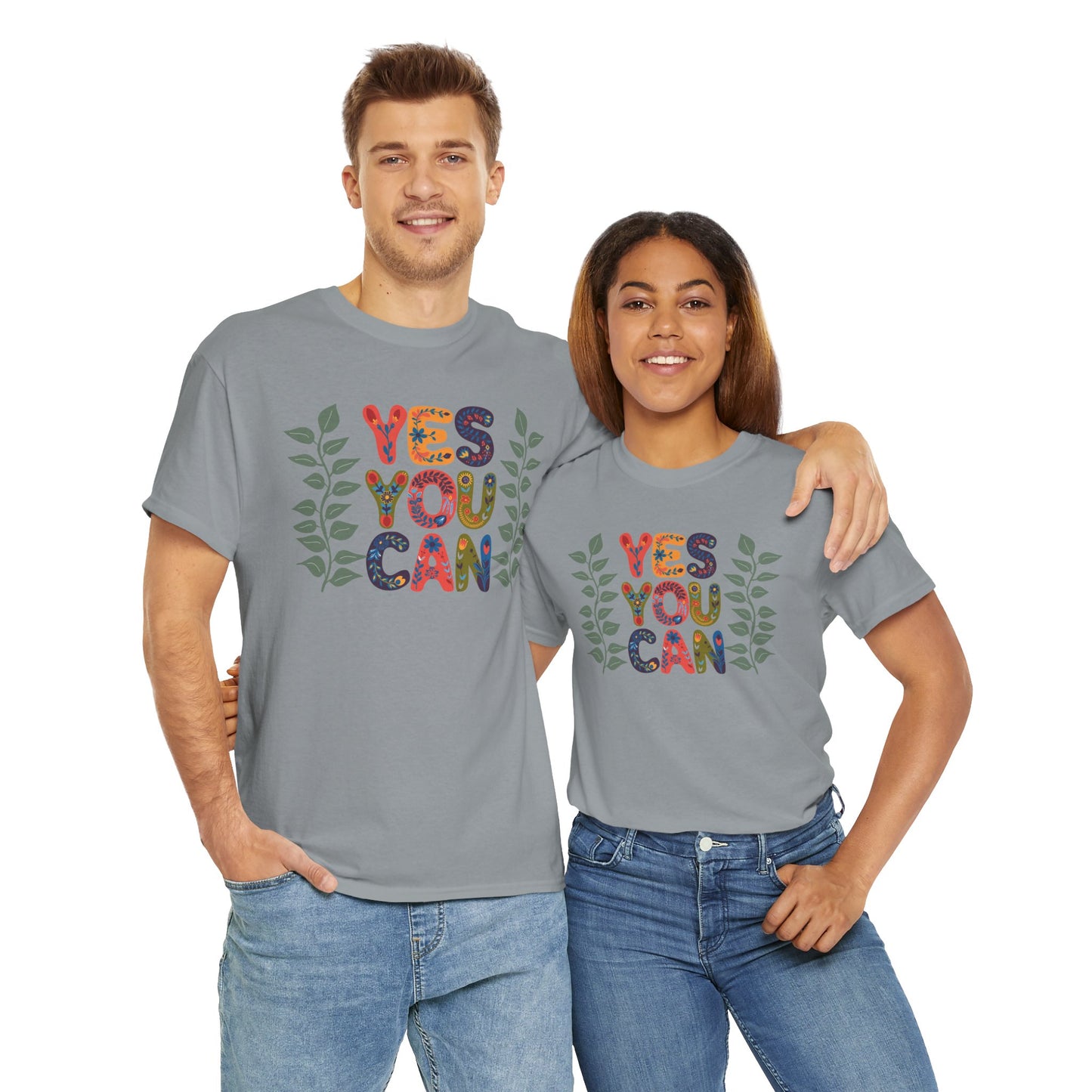 Motivational Unisex Heavy Cotton Tee - 'YES YOU CAN' Floral Design