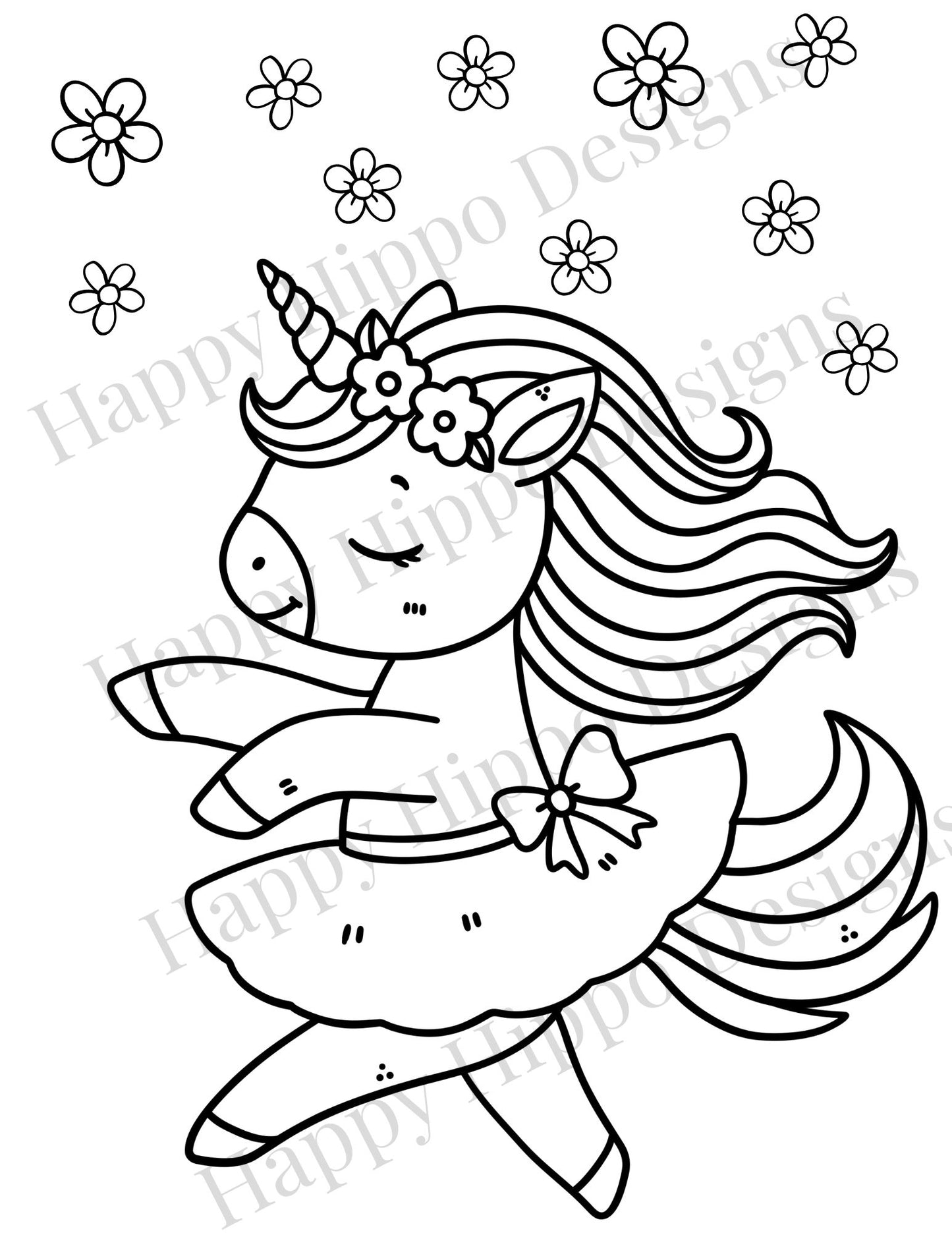 Dancing Spring Unicorn Coloring page- digital download