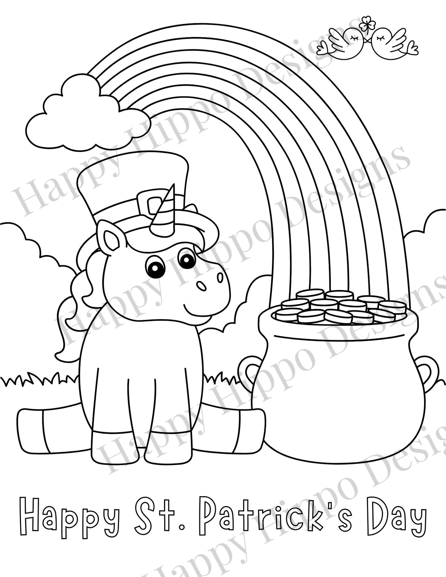 Lucky Unicorn, St. Patrick's Day Coloring page- digital download