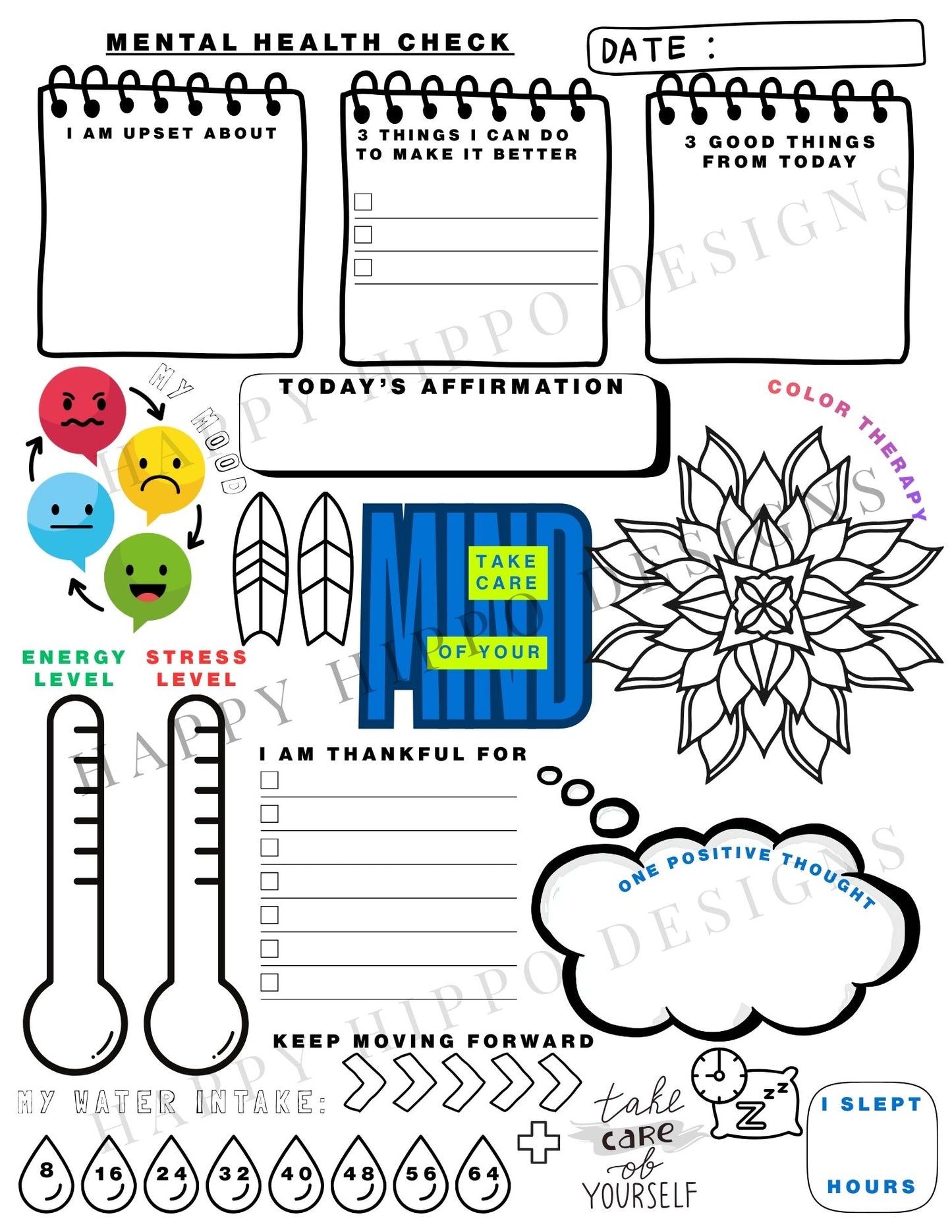 Mental Health Check Coloring and journal page- digital download