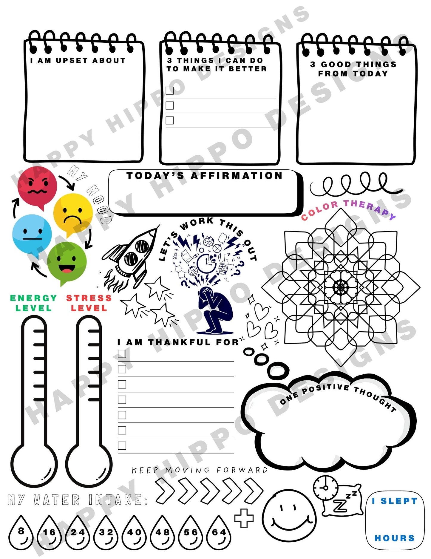 Mental Health Check in coloring and journal page-digital download