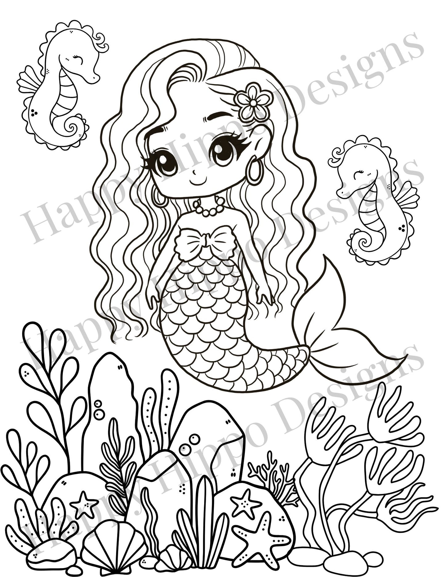 Mermaid and Friends Coloring page- digital download
