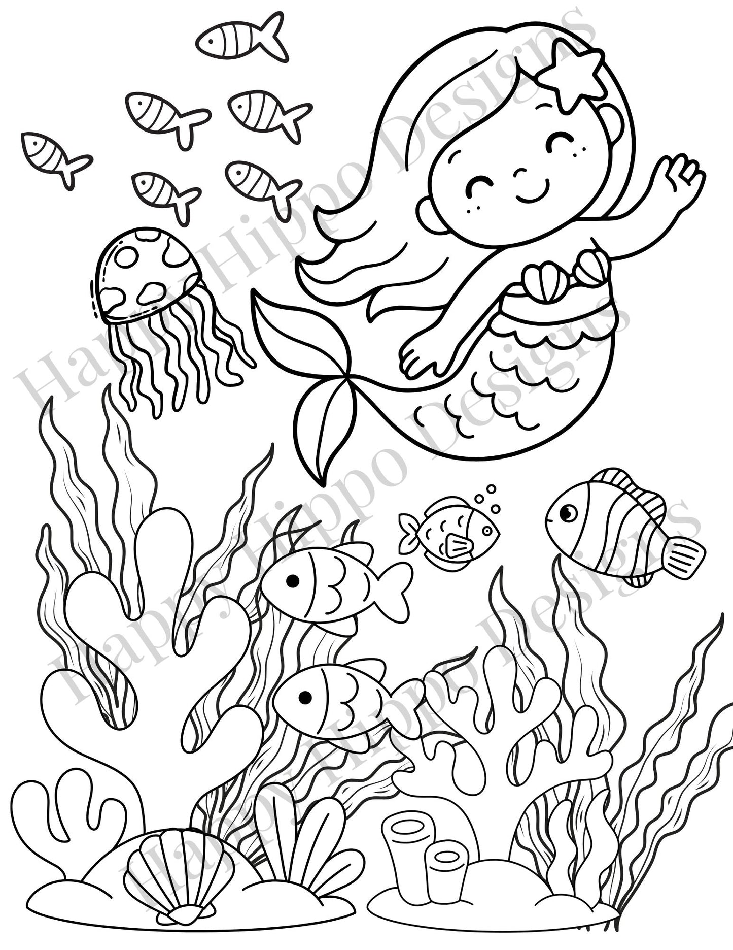 Mermaid and Friends Coloring page- digital download
