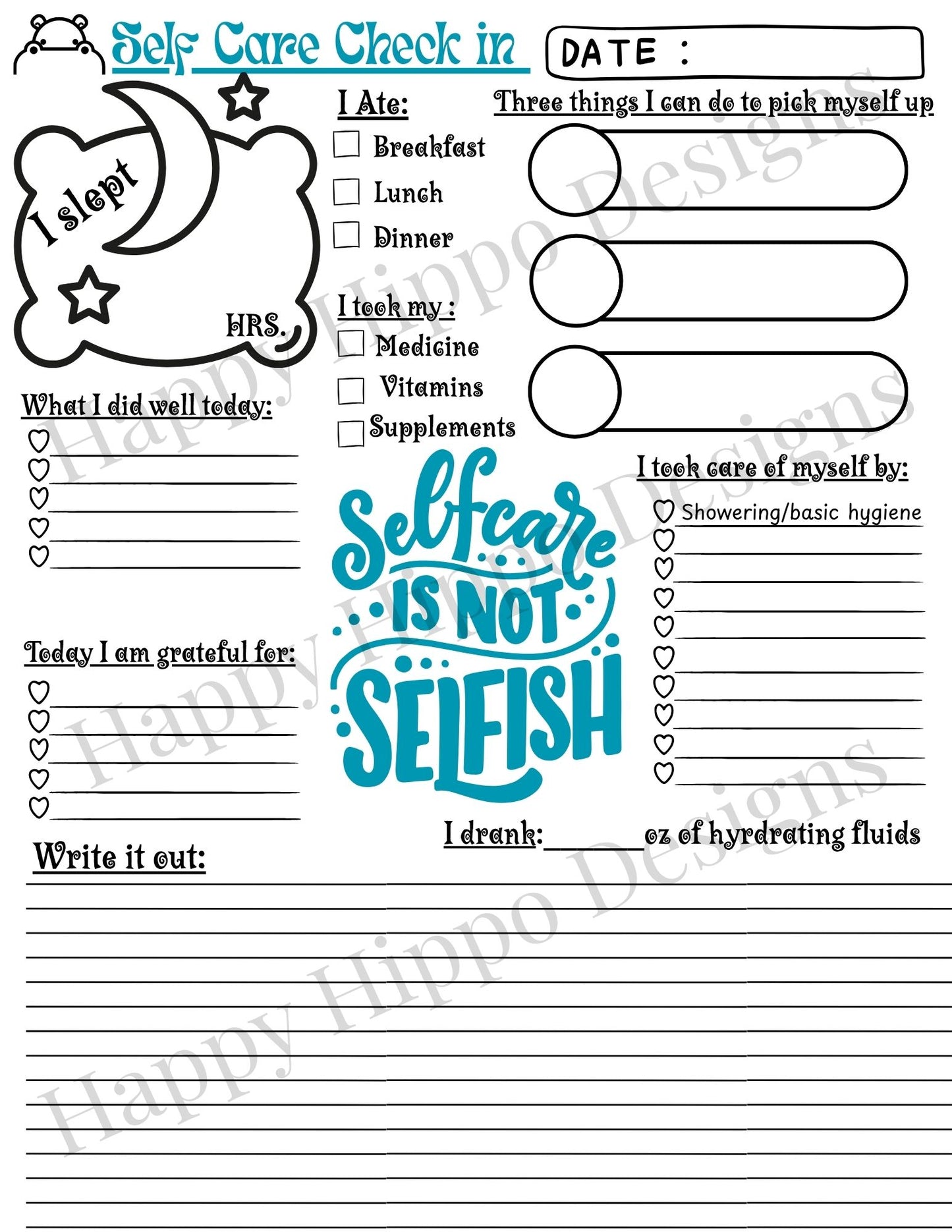 Self Care Check-In page, mental health journal page- Digital Download