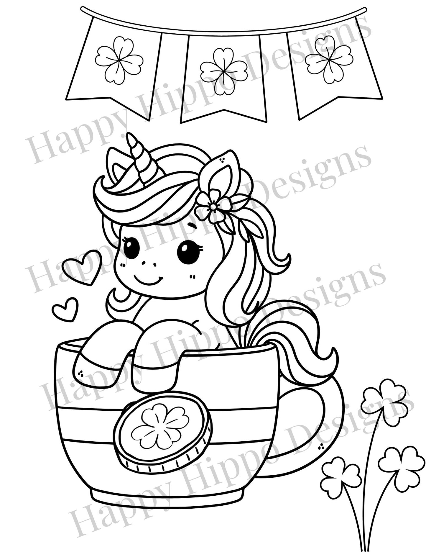 Lucky Unicorn in a Coffee Cup, St. Patrick's Day Coloring page- digital download