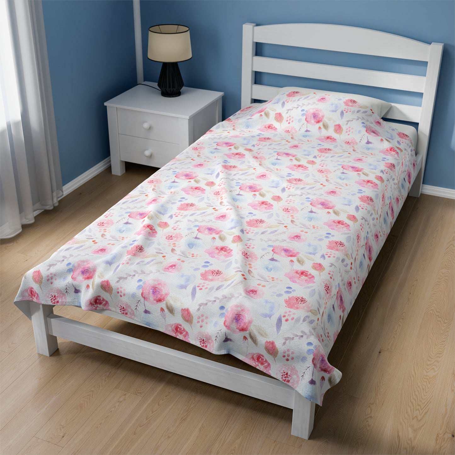 Velveteen Plush Blanket - Pastel Floral Print Cozy Soft Blanket for Girls Room or Nursery