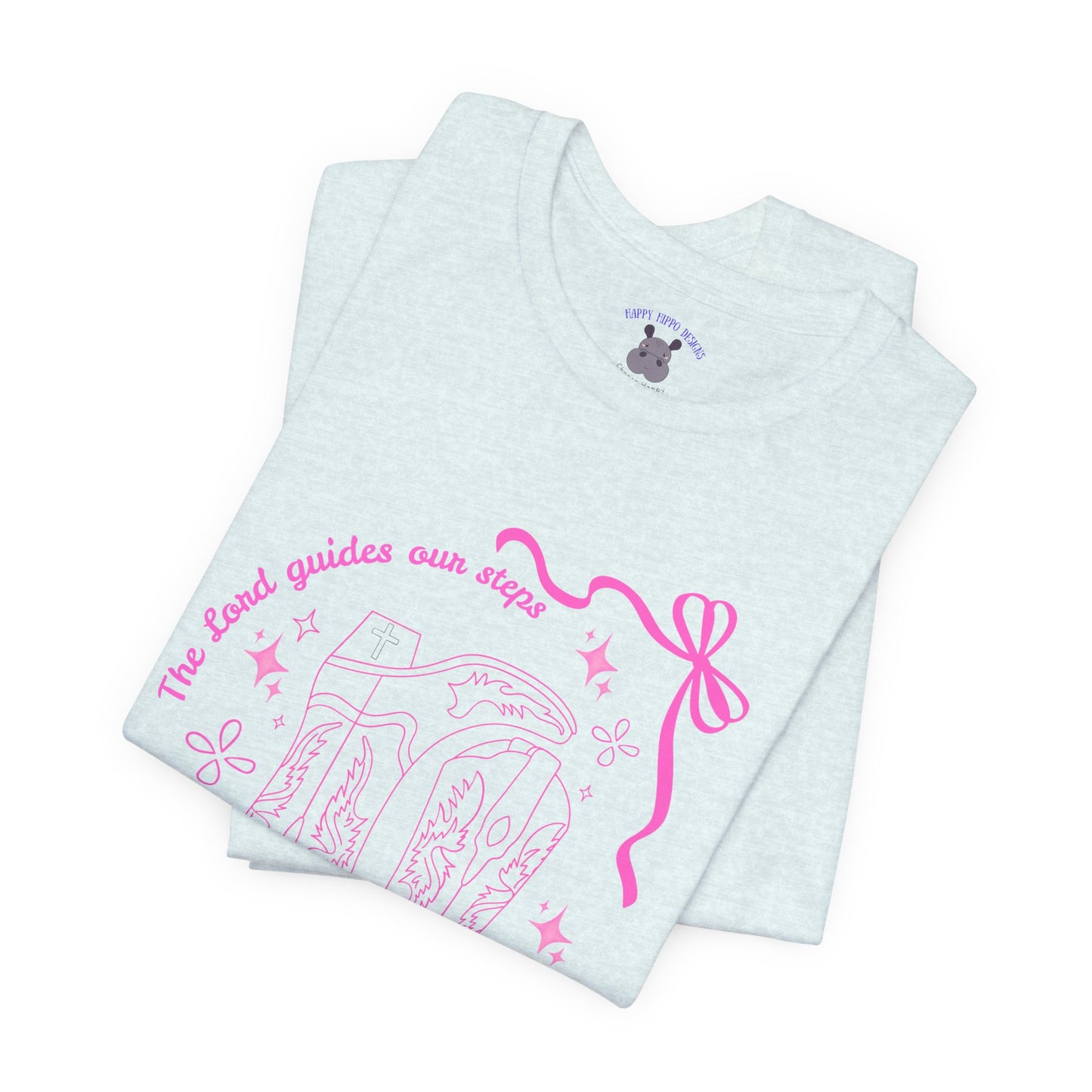 Cute Pink Ribbon Cowgirl Boot T-Shirt — "The Lord Guides Our Steps"