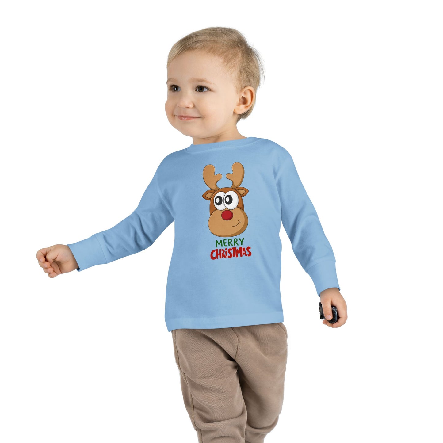 Toddler Long Sleeve Tee — Cute Reindeer "Merry Christmas" Holiday Shirt