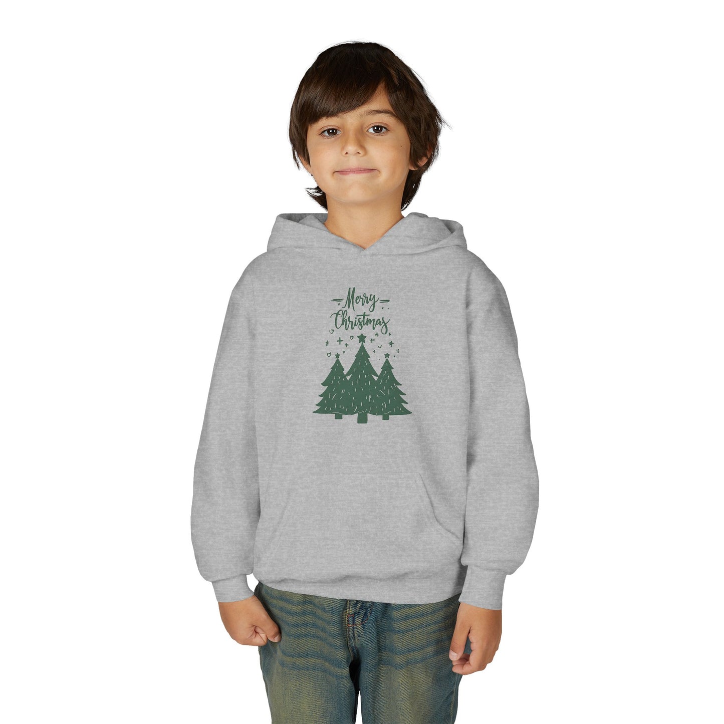 Youth Hoodie — Merry Christmas Green Tree Illustration Unisex