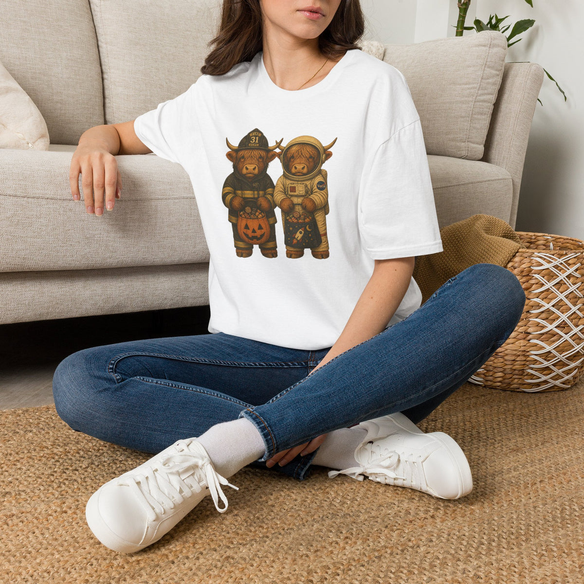 Halloween Highland Cows T‑Shirt — Firefighter & Astronaut Costume Tee