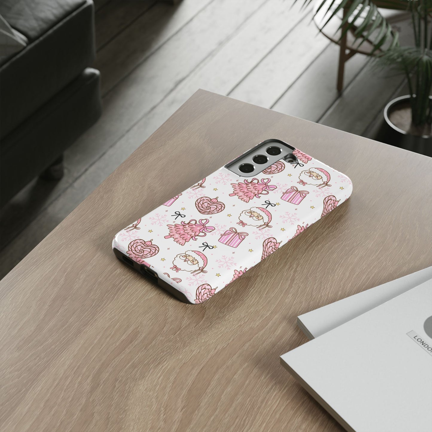 Christmas Pink Pattern Phone Case - Cute Santa, Tree & Gift Protective Cover