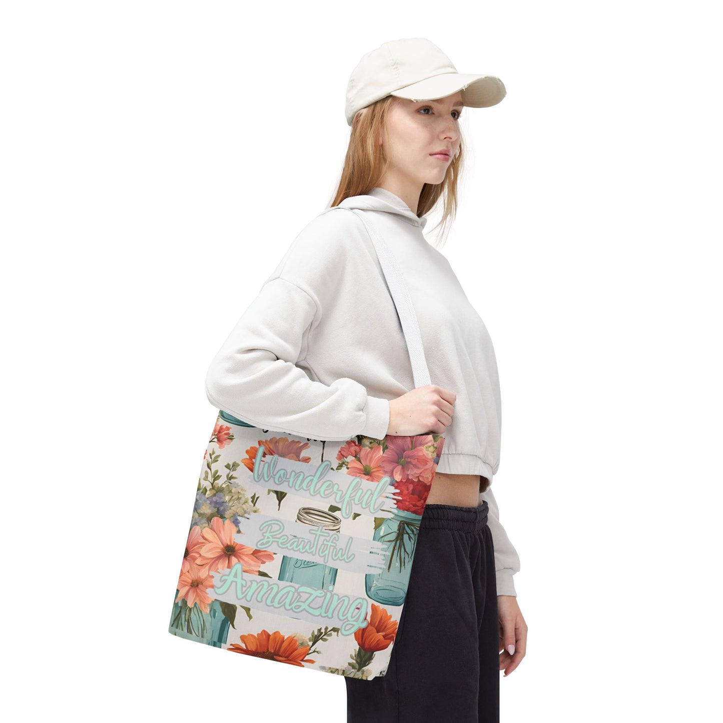 Floral Inspirational Tote Bag - You Are Wonderful, Beautiful, Amazing