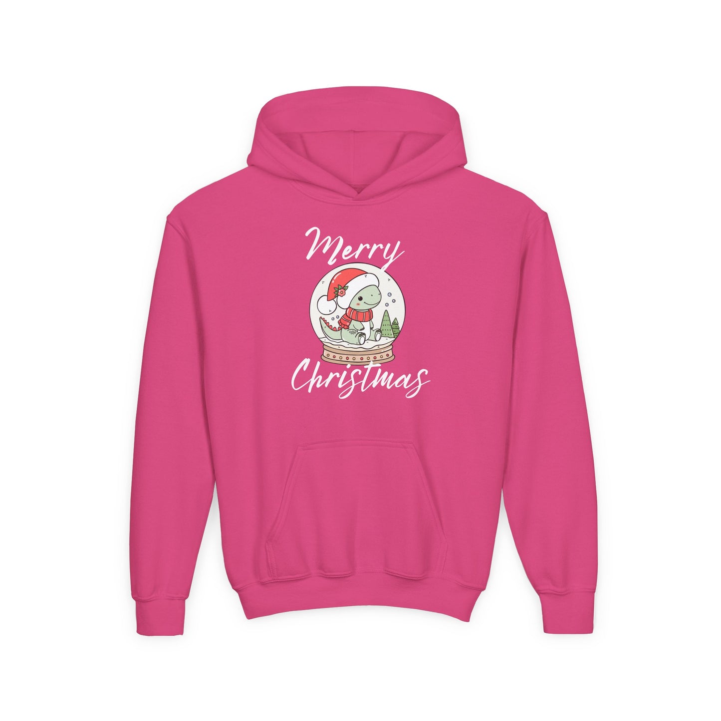 Youth Christmas Hoodie — Merry Christmas Snow Globe Dinosaur Design