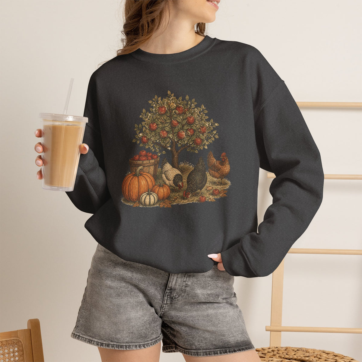 Fall Harvest Crewneck Sweatshirt — Pumpkin & Chicken Autumn Graphic