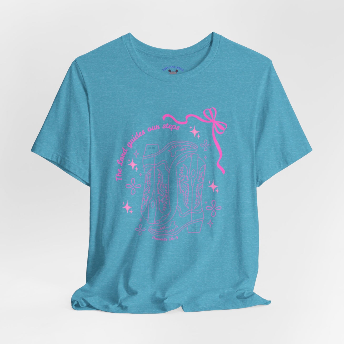 Cute Pink Ribbon Cowgirl Boot T-Shirt — "The Lord Guides Our Steps"