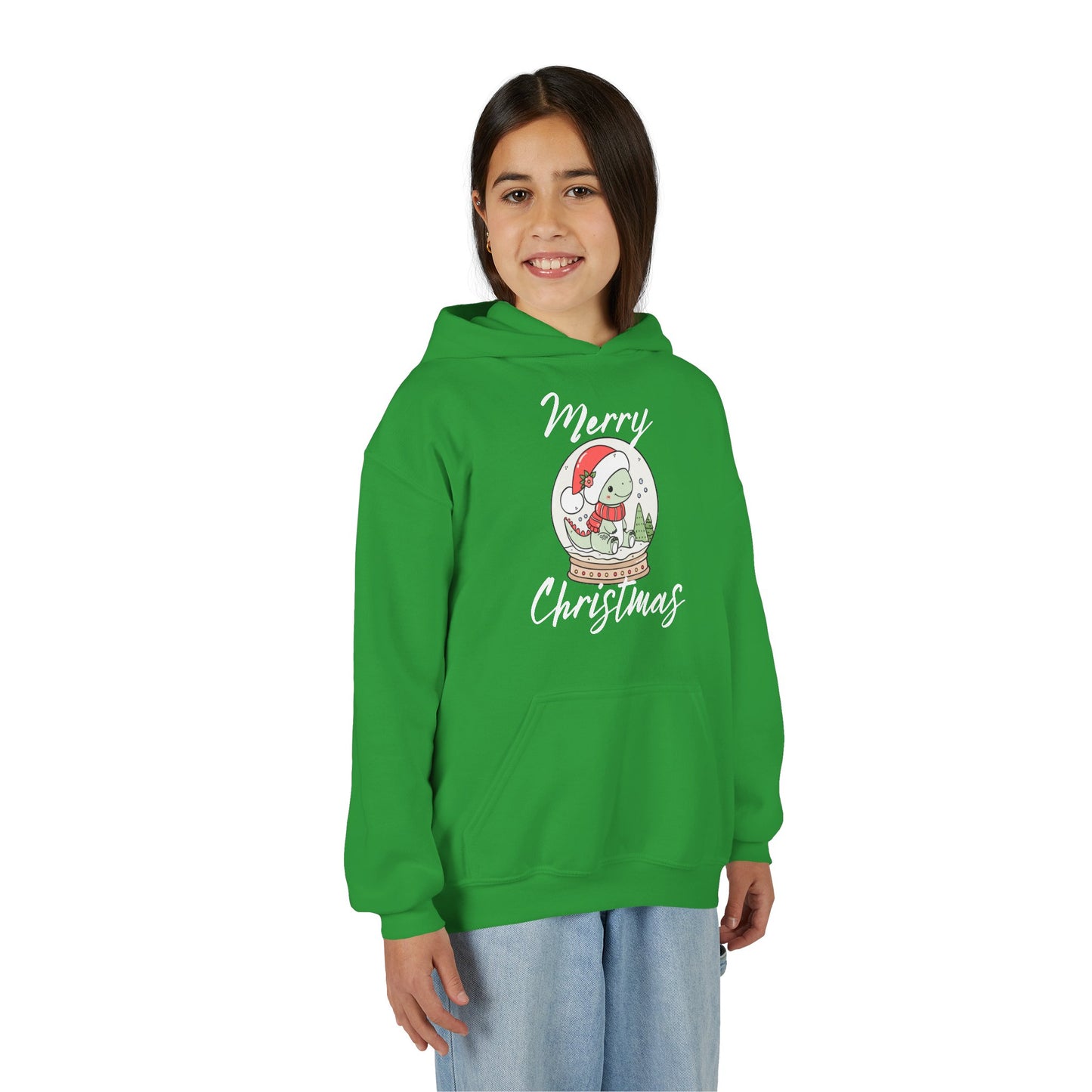 Youth Christmas Hoodie — Merry Christmas Snow Globe Dinosaur Design