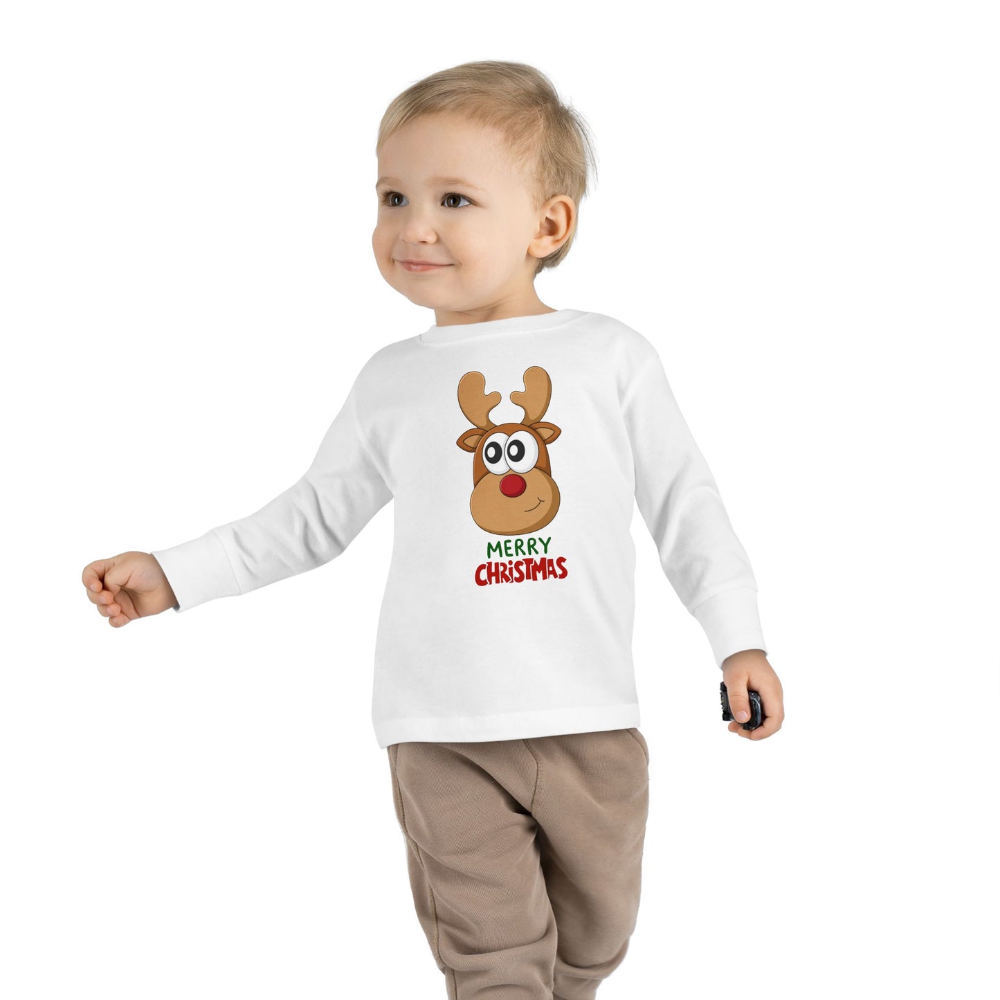 Toddler Long Sleeve Tee — Cute Reindeer "Merry Christmas" Holiday Shirt