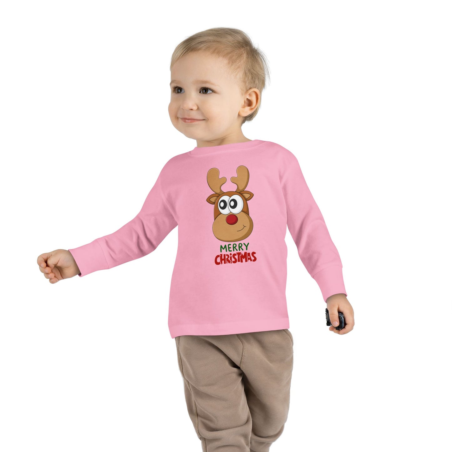 Toddler Long Sleeve Tee — Cute Reindeer "Merry Christmas" Holiday Shirt