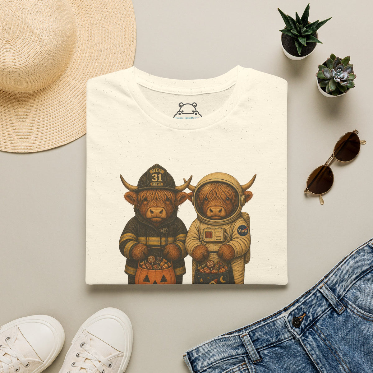 Halloween Highland Cows T‑Shirt — Firefighter & Astronaut Costume Tee