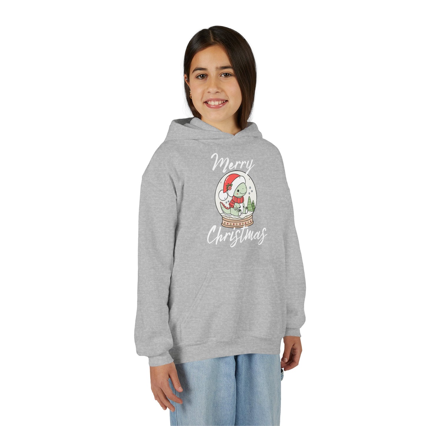 Youth Christmas Hoodie — Merry Christmas Snow Globe Dinosaur Design