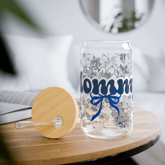 Sipper Glass Chinoiserie Floral Design for Mommy with Blue Bow - Mother's Day Gift