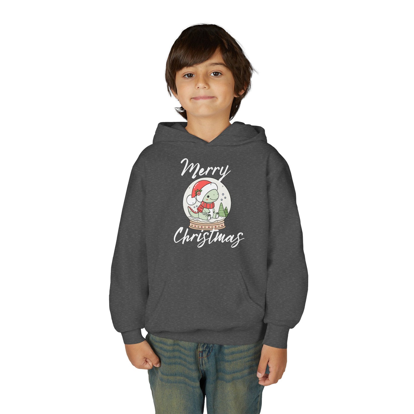 Youth Christmas Hoodie — Merry Christmas Snow Globe Dinosaur Design