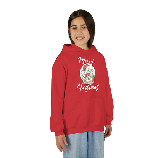 Youth Christmas Hoodie — Merry Christmas Snow Globe Dinosaur Design
