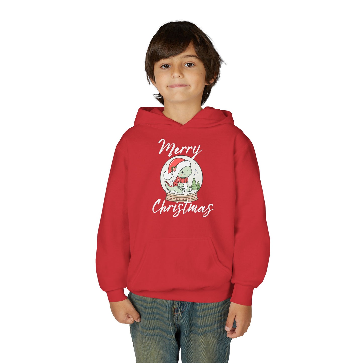 Youth Christmas Hoodie — Merry Christmas Snow Globe Dinosaur Design